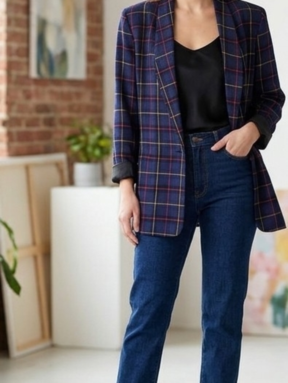 Vintage Marnie West Plaid Blazer Oversized Blue Red Yellow Button Accent Size L